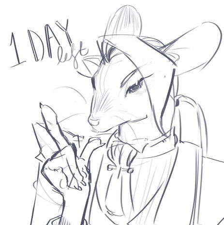 A sketched bust of an anthropomorphic mouse. She points her index finger to indicate there is one day left.